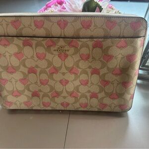 Coach Tan and Pink Heart Patterned Laptop Sleeve